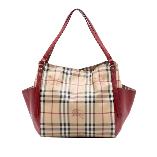 Red Burberry Small Leather Trimmed Haymarket Check Coated Canvas Canterbury Tote in Red Coated canvas from Designer Revival