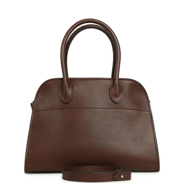The Row Soft Margaux 10 Deep Brown Saddle Silver Hardware in Brown Canvas from Madison Avenue Couture