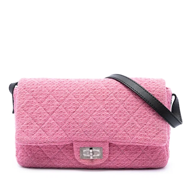 Pink Chanel Jumbo Quilted Tweed Reissue 2.55 Easy Messenger Flap Crossbody Bag in Pink Tweed from Designer Revival