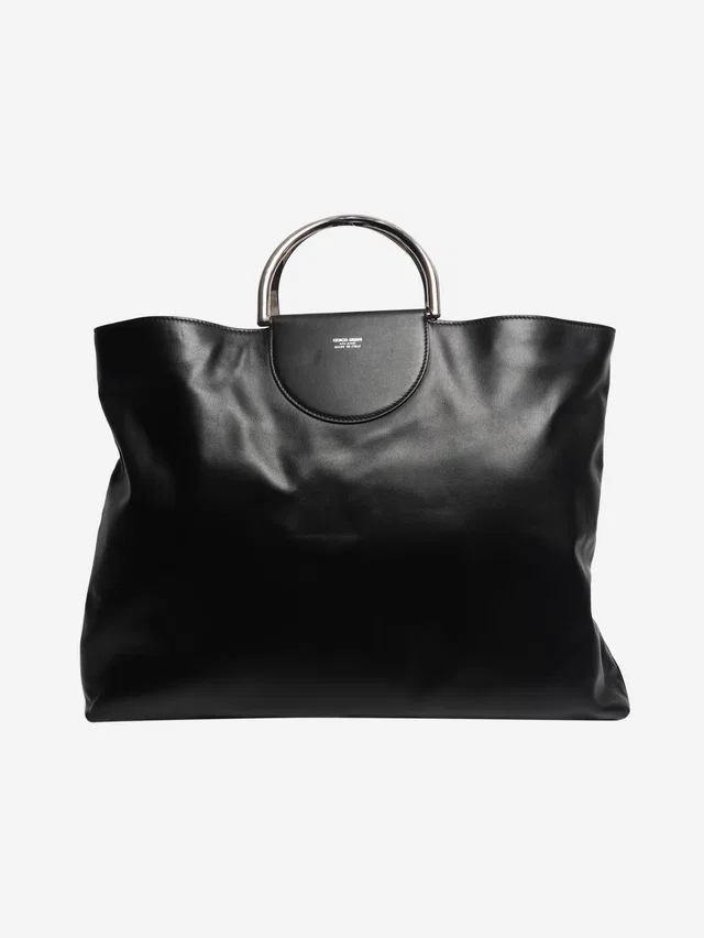 Giorgio Armani Black ring handle leather tote bag in Black Leather from Sign of the Times