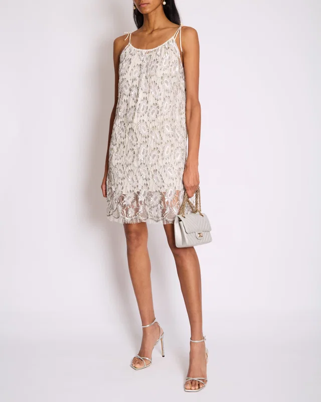 Saint Laurent White & Silver Floral Sequin and Bead Embroidered Mini Dress with White Slip Size FR 36 (UK 8) in White Nylon from Sellier