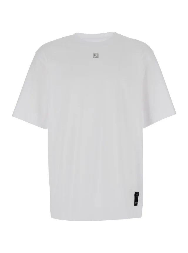 Fendi White Crew Neck T-Shirt with FF Plate on the Front in Cotton for Men in White 100% Cotton, photo 2 of 4 from Gaudenzi Boutique