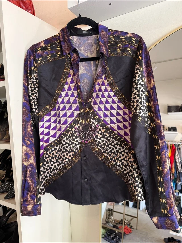 Etro Silky Geometric Print Button-Up Blouse in black|purple from Poshmark