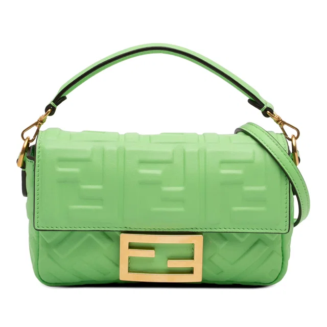 Green Fendi Mini Zucca Embossed Leather Baguette Satchel in Green Leather from Designer Revival