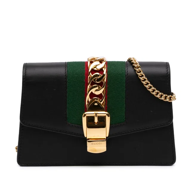 Black Gucci Super Mini Calfskin Web Sylvie Chain Crossbody in Black Calfskin from Designer Revival