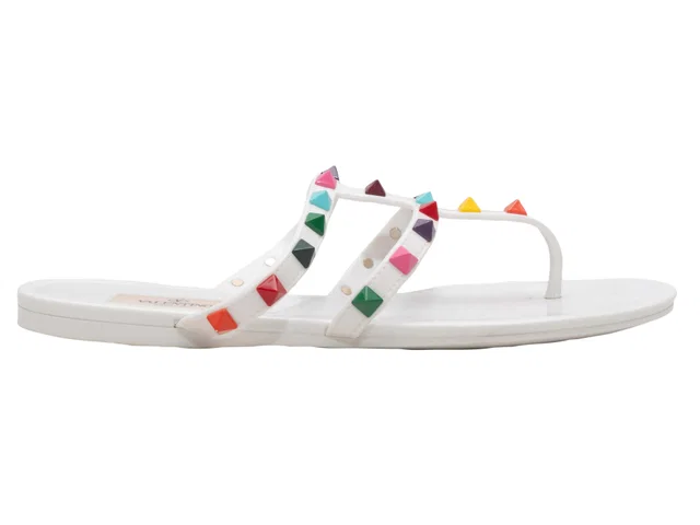 White & Multicolor Valentino Rockstud Rubber Thong Sandals Size 37 in White from Designer Revival