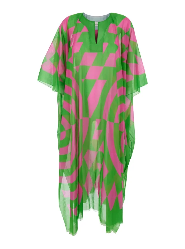 DRIES VAN NOTEN Multicolor Kaftan with V-neck and All-Over Geometric Motif in Cotton for Women in Multicolor, image 1 of 1 from Gaudenzi Boutique