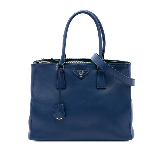 Blue Prada Medium Soft Calf Galleria Double Zip Tote Satchel in Blue Leather from Designer Revival
