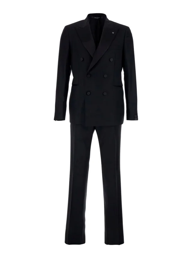 Black Double-breasted Suit with Peak Revers in Wool for Men in Black, image 1 of 1 from Gaudenzi Boutique