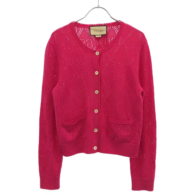 Gucci GG Perforated Crew Neck Knit Cardigan Pink in Pink from The Reluxe