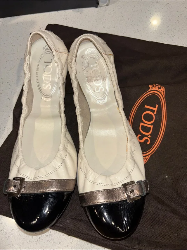 Tod's Leather Ballet Flats In White, Black And Metallic Patent And Soft Leather in black|white Patent leather from Poshmark