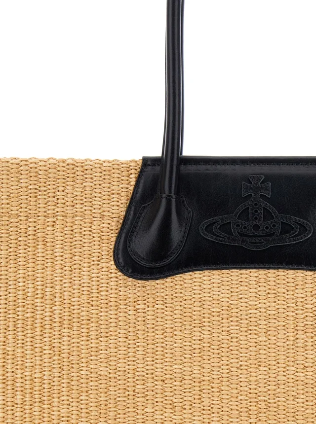 VIVIENNE WESTWOOD 'Troy' Beige Tote bag with Orb Logo Embossed on the Front and Raffia Effect in Cotton for Women in Beige 58% Cotton 42% Polyamide, photo 9 of 10 from Gaudenzi Boutique