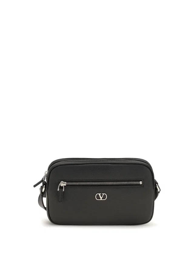 Valentino Garavani Grained Leather Vlogo Crossbody Bag — Black Calf Bos Taurus in Black Caviar leather from HEWI