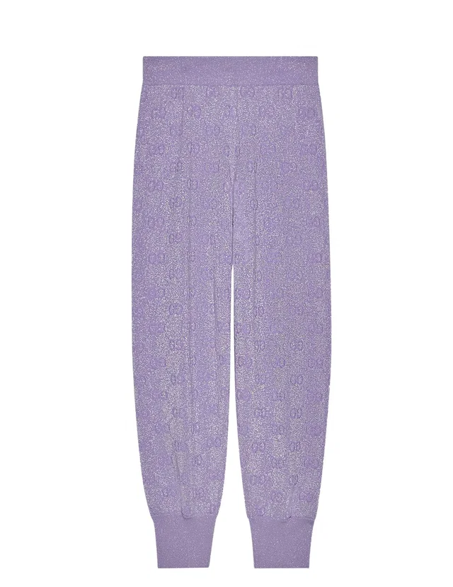 Gucci Lilac Metallic Cuffed Monogram Sweatpants in Purple Wool from HEWI