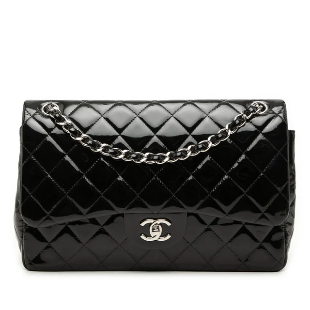 Black Chanel Jumbo Classic Patent Double Flap Shoulder Bag in Black Patent leather from Designer Revival