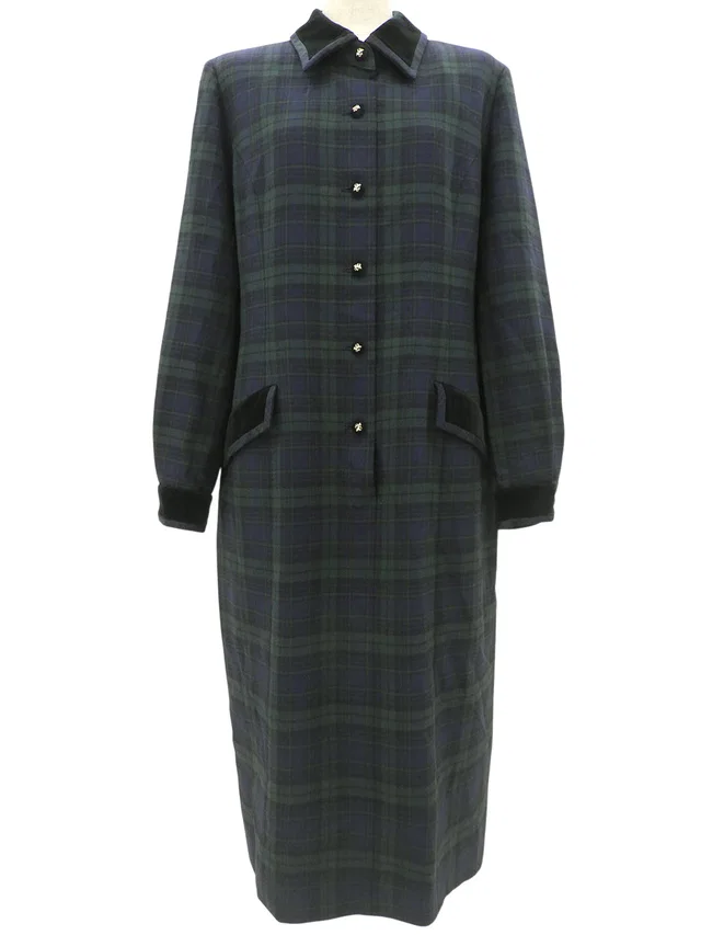 Burberry Nova Check Pattern Long Sleeve Long Dress #15 Green/Navy in Navy Wool from VINTAGE QOO TOKYO
