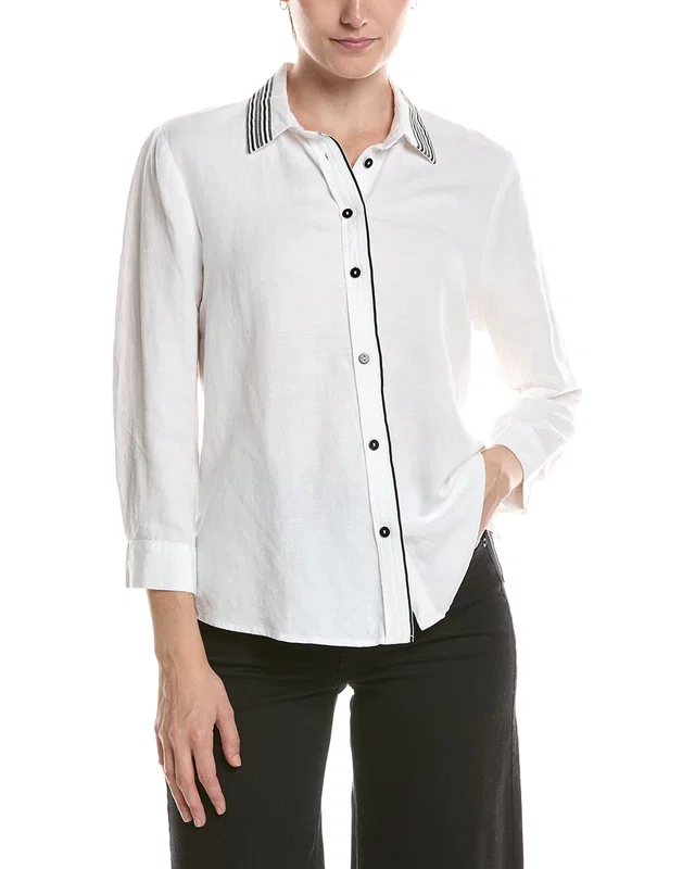 NIC+ZOE Stripe Trim Linen-Blend Shirt, image 1 of 1 from Gilt