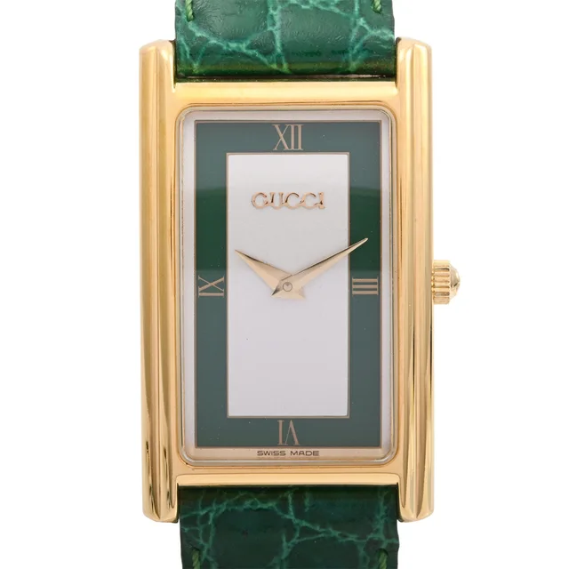 Gucci Rectangular Watch 2600M Quartz Silver/Green in Green Leather from VINTAGE QOO TOKYO, photo 2 of 9