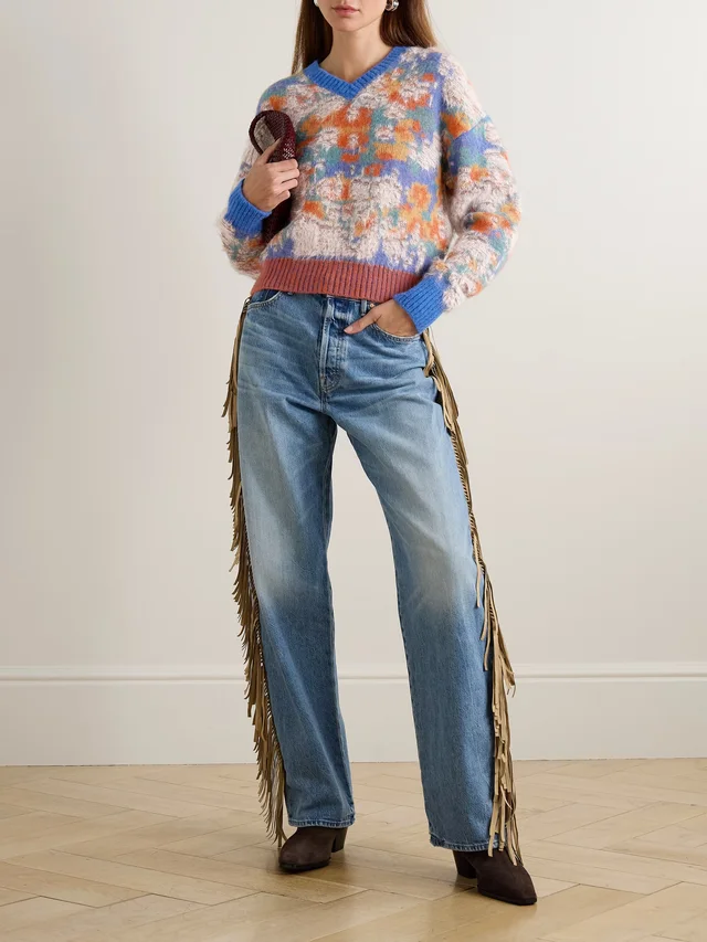 MOTHER Cropped intarsia-knit sweater in Blue, photo 2 of 2 from NET-A-PORTER (Canada)