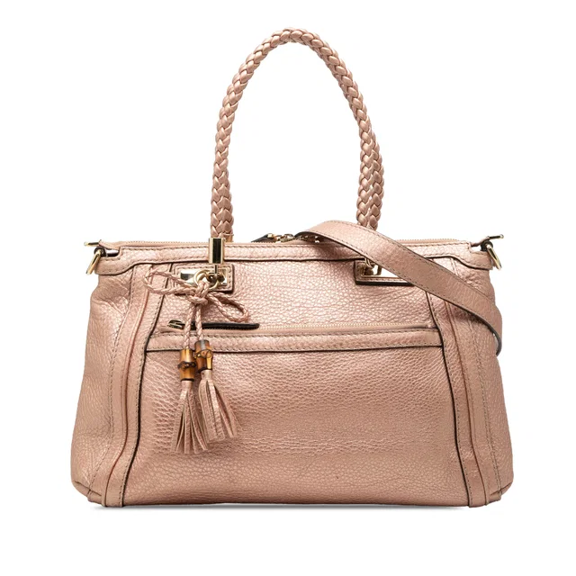 Pink Gucci Metallic Pebbled Calfskin Bella Satchel in Pink Calfskin from Designer Revival