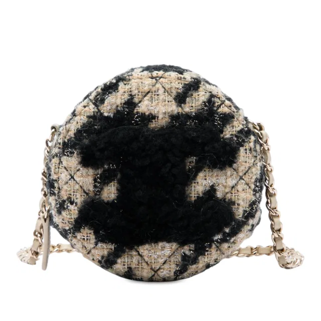 Black Chanel CC Quilted Tweed and Shearling Round Clutch With Chain Crossbody Bag in Black Tweed from Designer Revival