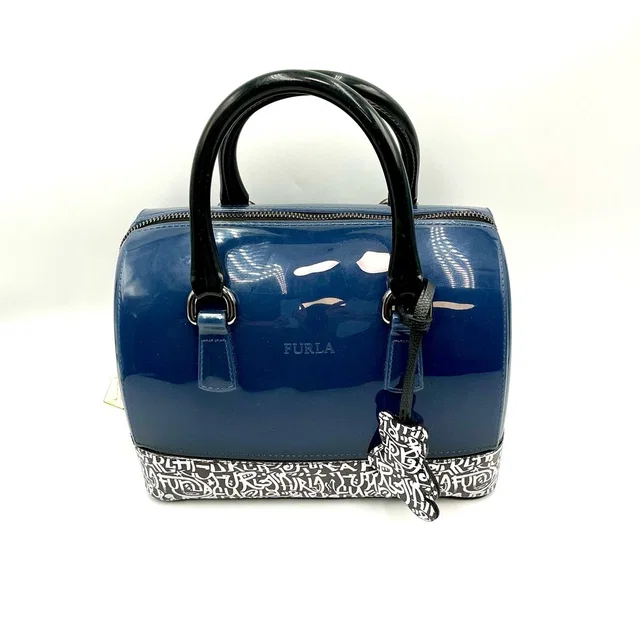 Furla Blue Patent Satchel With Black Handles And Monogram Graffiti Trim in blue|black Patent leather from Poshmark