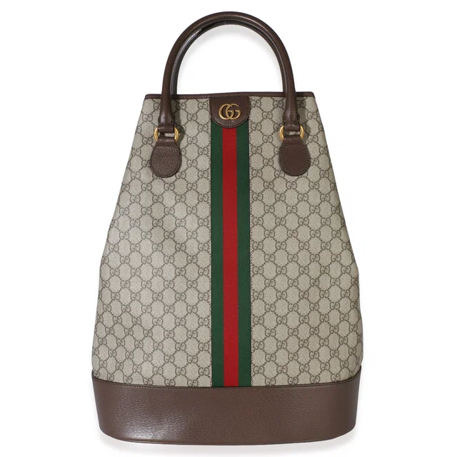 Gucci Beige GG Supreme Canvas Textured Dollar Calfskin Web Savoy Top Handle Duff in Beige Calfskin from myGemma