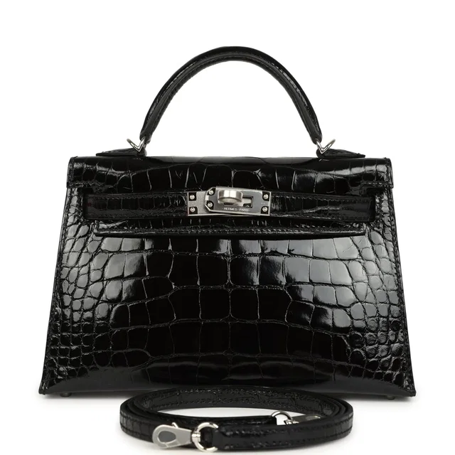 Hermès Kelly Sellier 20 Black Shiny Alligator Palladium Hardware in Black Crocodile from Madison Avenue Couture