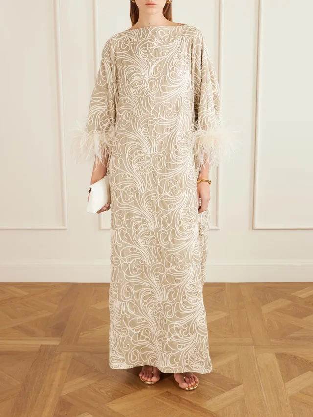 DIMA AYAD Feather-trimmed embroidered crepe gown in Beige, photo 2 of 2 from NET-A-PORTER (Canada)
