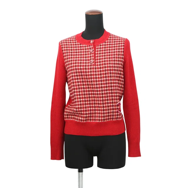 Chanel CC Logo Check Knit Size 34 RedP77377 K11231 NZI40 Cashmere97% Polyamide2% Elastine1% from GALLERY RARE