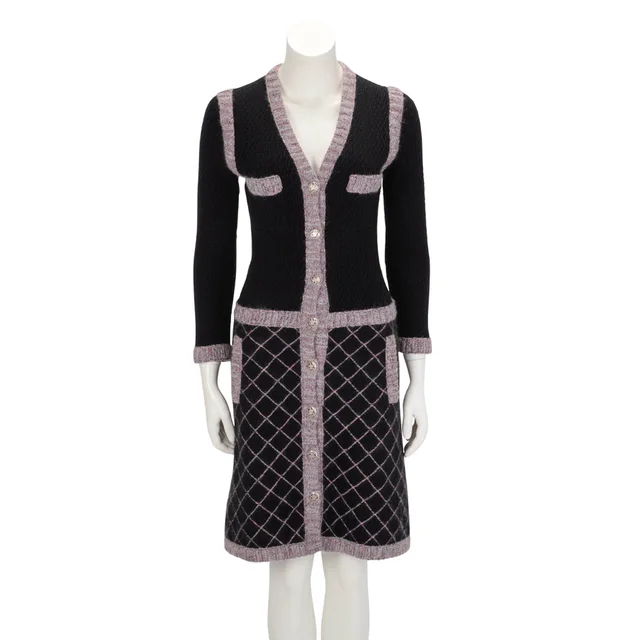 Chanel Camellia Button Dress FR 36 in Black & Purple Cashmere from Blue Spinach