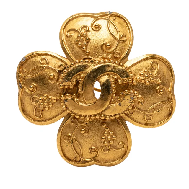 Gold Chanel CC Gold Plated Grapevine Clover Brooch in Gold from Designer Revival