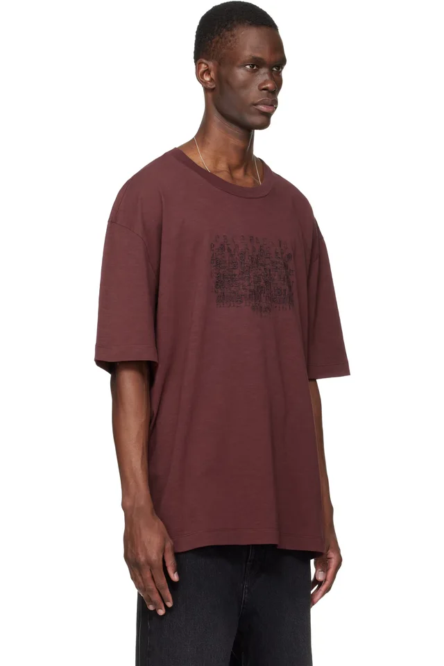 Maison Margiela Burgundy Embroidered Logo T-shirt, photo 2 of 4 from SSENSE