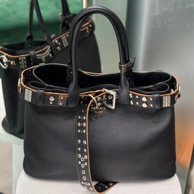 Prada Buckle Large Leather Bag with Studded Belt in Leather from Revivre