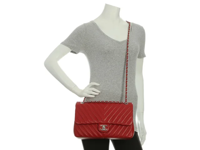 Chanel Jumbo Red Chevron-Quilted Lambskin Classic Single Flap in Red Lambskin from Ann's Fabulous Finds, photo 9 of 9