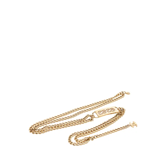 Gold Chanel CC Gold Plated Strass Coco Plaque Double Chain Belt in Gold from Designer Revival