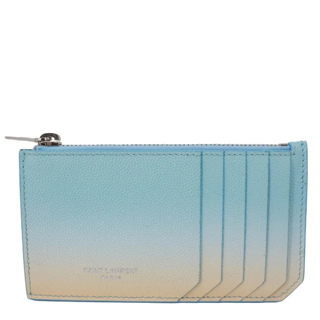 Saint Laurent 5 Fragments Pebbled Leather Zip Card Case Blue in Blue Leather from Dallas Designer Handbags