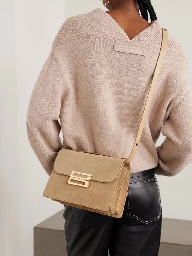 VICTORIA BECKHAM The Dorian leather-trimmed suede shoulder bag - beige - One Size in Beige 100% Suede leather, photo 2 of 6 from NET-A-PORTER (Canada)