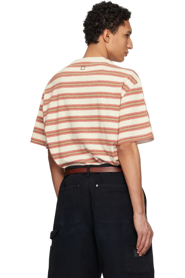 WOOYOUNGMI Beige & Red Stripe T-shirt, photo 3 of 4 from SSENSE