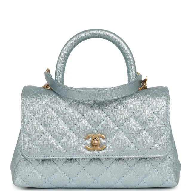 Chanel Small Coco Handle Flap Bag Light Blue Iridescent Caviar Antique Gold Hardware in Blue Caviar leather from Madison Avenue Couture