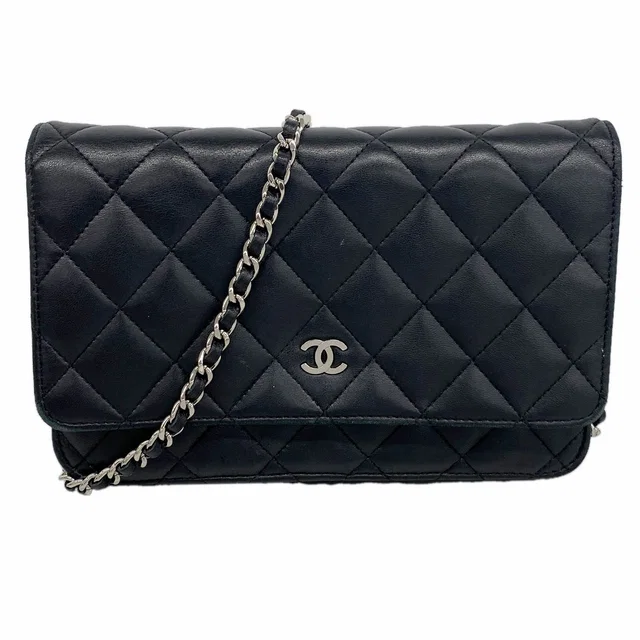 Chanel Wallet on Chain Quilted Lambskin Black Silver Shoulder Bag in Black Lambskin from The Reluxe