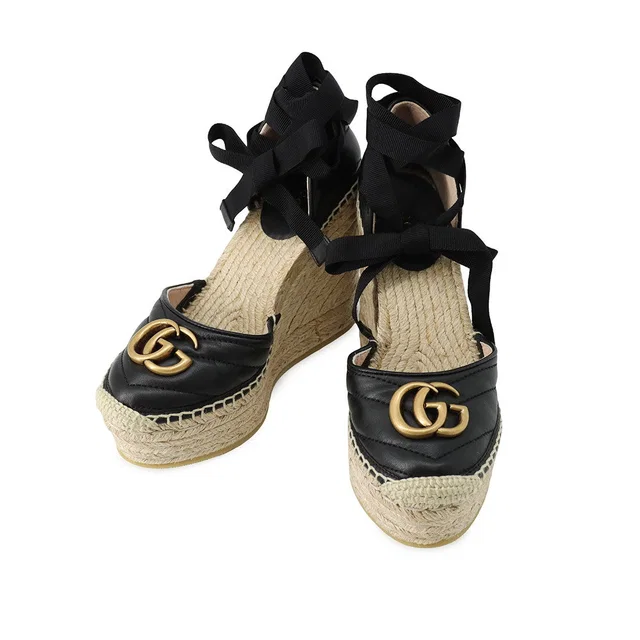 Gucci GG Marmont Lace-up Espadrille Wedge Heels Black573023 BTM00 1000 Leather Size 34.5 in Leather from GALLERY RARE