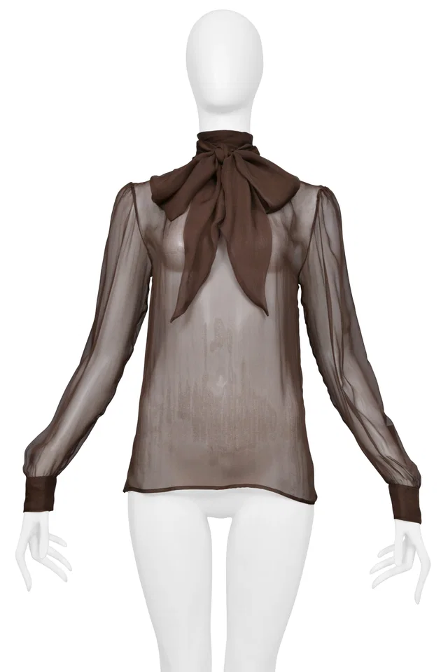 Saint Laurent Brown Sheer Top With Attached Tie in Brown Silk from Resurrection Vintage