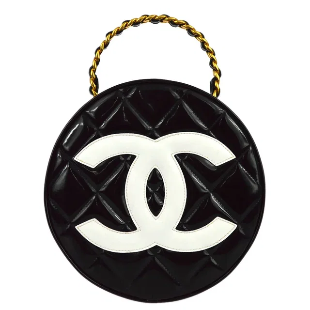 Chanel 1994-1996 Black Patent Leather Round Vanity Handbag in Black Patent leather from AMORE Vintage Tokyo
