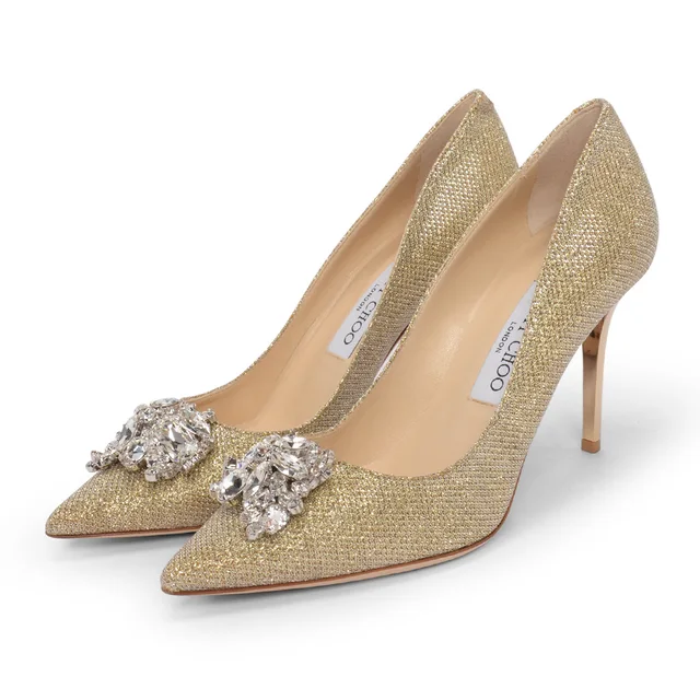 Jimmy Choo Lurex Crystal Mamey Pumps 37 in Gold from Blue Spinach