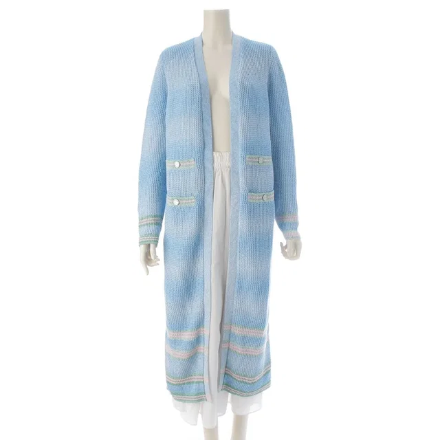Chanel Linen Coco Button 4 Pocket Long Cardigan Light Blue 38 in Blue from The Reluxe