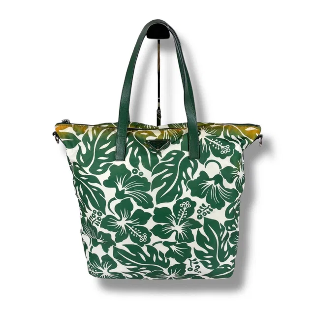 Prada Hibiscus Tote Bag Flower Tessuto Nylon Green Triangle Logo in Green Nylon from The Reluxe