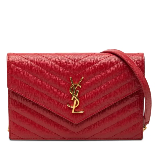 Red Saint Laurent Grain De Poudre Cassandre Envelope Chain Wallet Crossbody Bag in Red Leather from Designer Revival