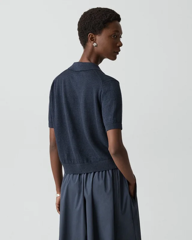 Theory Sheer Polo Shirt in Linen Knit in NOCTURNE NAVY 77% Linen, 23% Viscose; Exclusive Of Elastic, photo 11 of 14 from Theory