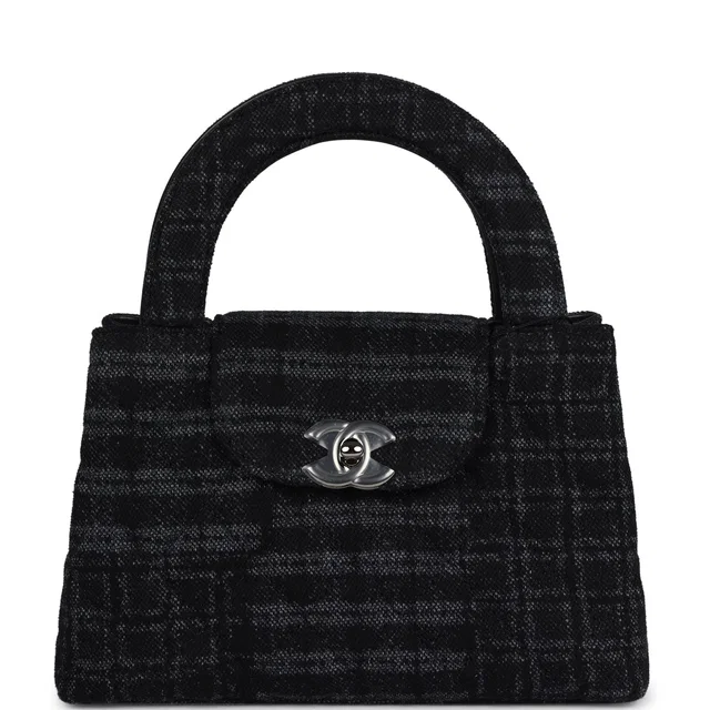 Chanel Small Kelly Shopper Dark Grey, Black Plaid Canvas Ruthenium Hardware in Black Canvas from Madison Avenue Couture